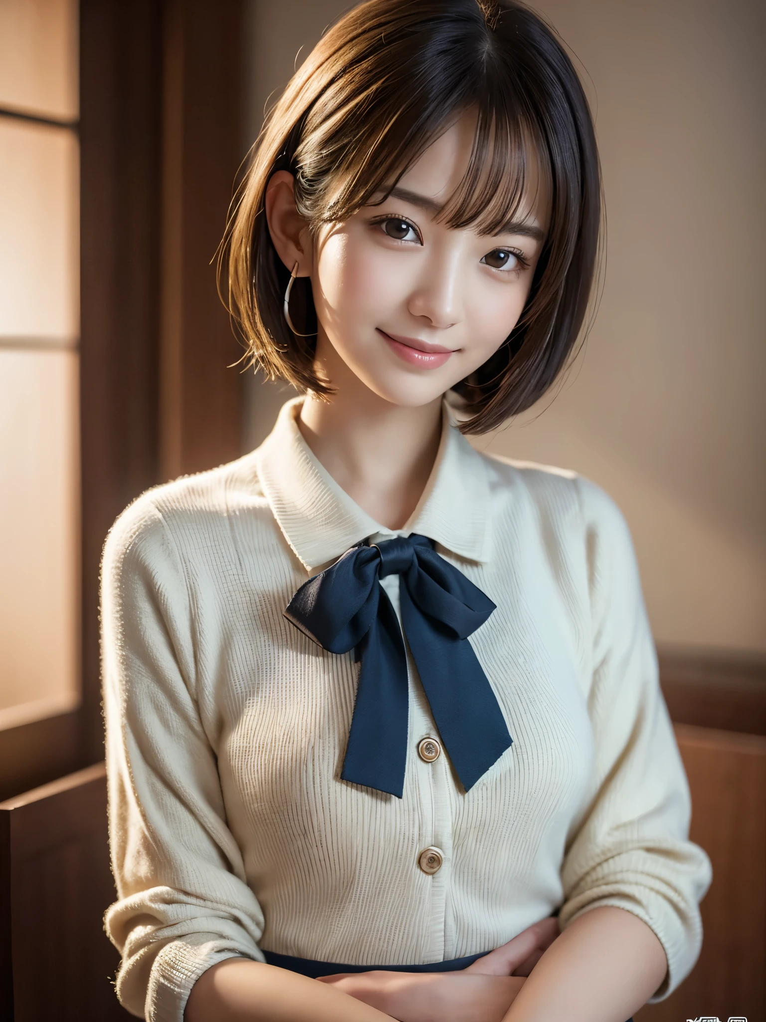 1 cabin attendant,(ANA Uniforms), (RAW Photos, Highest quality), (Realistic, Photorealistic:1.4), Tabletop, Very delicate and beautiful, Very detailed, 8k wallpaper, wonderful, In detail, Highly detailed CG unification, High resolution, Soft Light, Beautiful and detailed 25-year-old beauty, Very detailed目と顔, Beautifully detailed nose, Beautiful attention to detail,Cinema Lighting,Night airport,Perfect Anatomy,Slender body,smile (Bob, My hair is messy, Asymmetrical bangs, Light brown hair,)