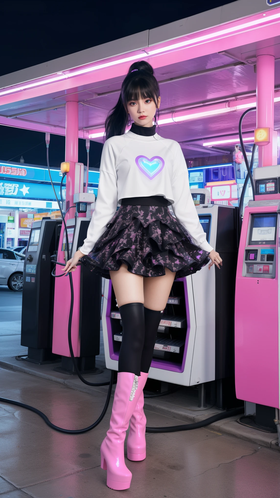 futuristic young woman, The dazzling costume、in a surreal atmosphere々Standing, Neon lights shine at the gas station. Gasoline pump, adorned with star, Floating in the air, The hose swings playfully. Vibrant pink and purple hues spread, Creates a surreal and otherworldly atmosphere, Monitiered layered skirt, Pink Boots, White pink heart print top, Unusual fashion choices, Black low ponytail with bangs