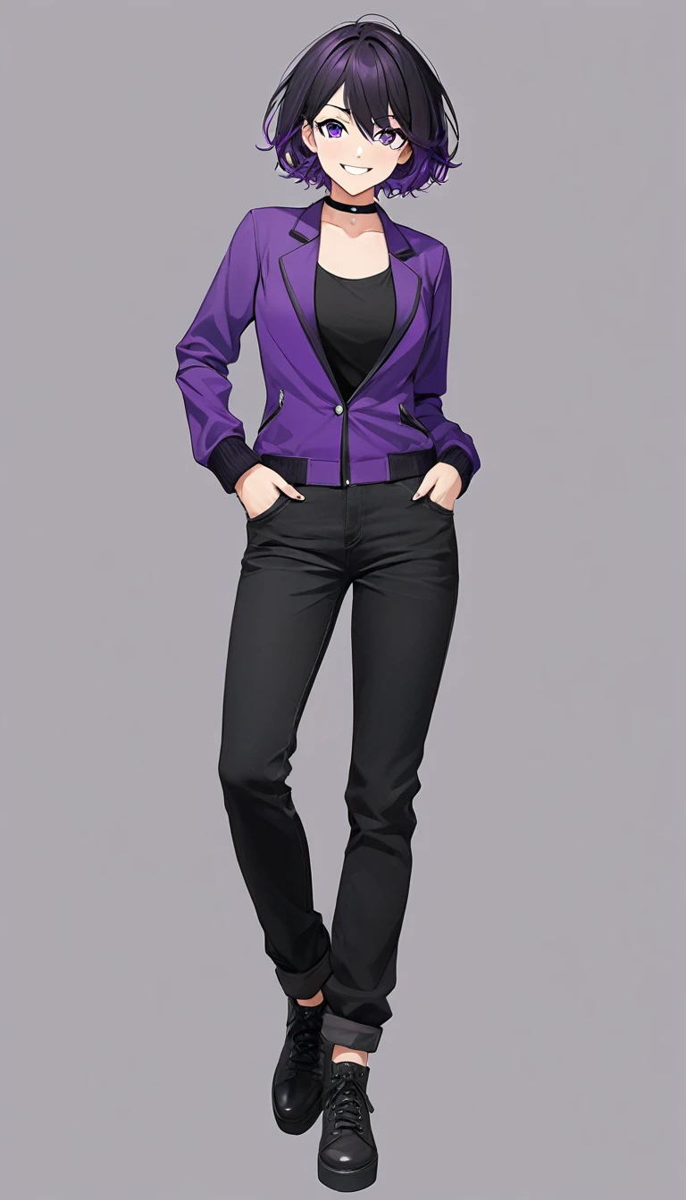 High-resolution anime digital art, Masterpiece, full body, tomboy, mature, sexy, smart, short hair color pitch black, real detail eyes pupil purple, long purple plain jacket, black chokers, black jeans pants, Happy face, Standing dynamic pose. (simple background, white background)