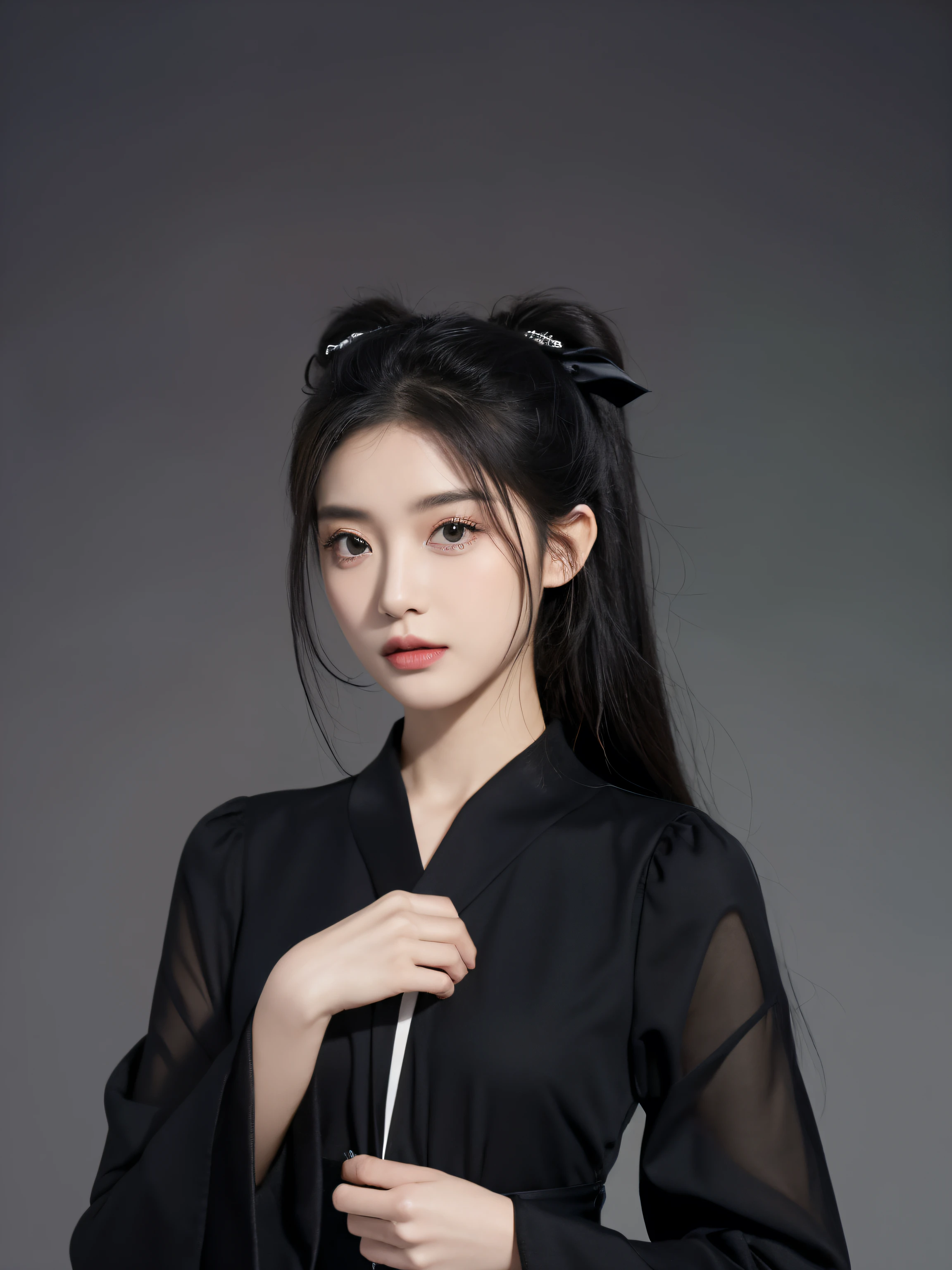((masterpiece, Best quality)),Best aesthetics,1 sister, Solitary, Long gray hair, Black skirt, flowering, Ribbon, black background, black hair color, Rosette, Headband, Green Eyes, Long sleeve, White Rose, Residence, 黑Ribbon, Upper part of the body, Movie Lighting