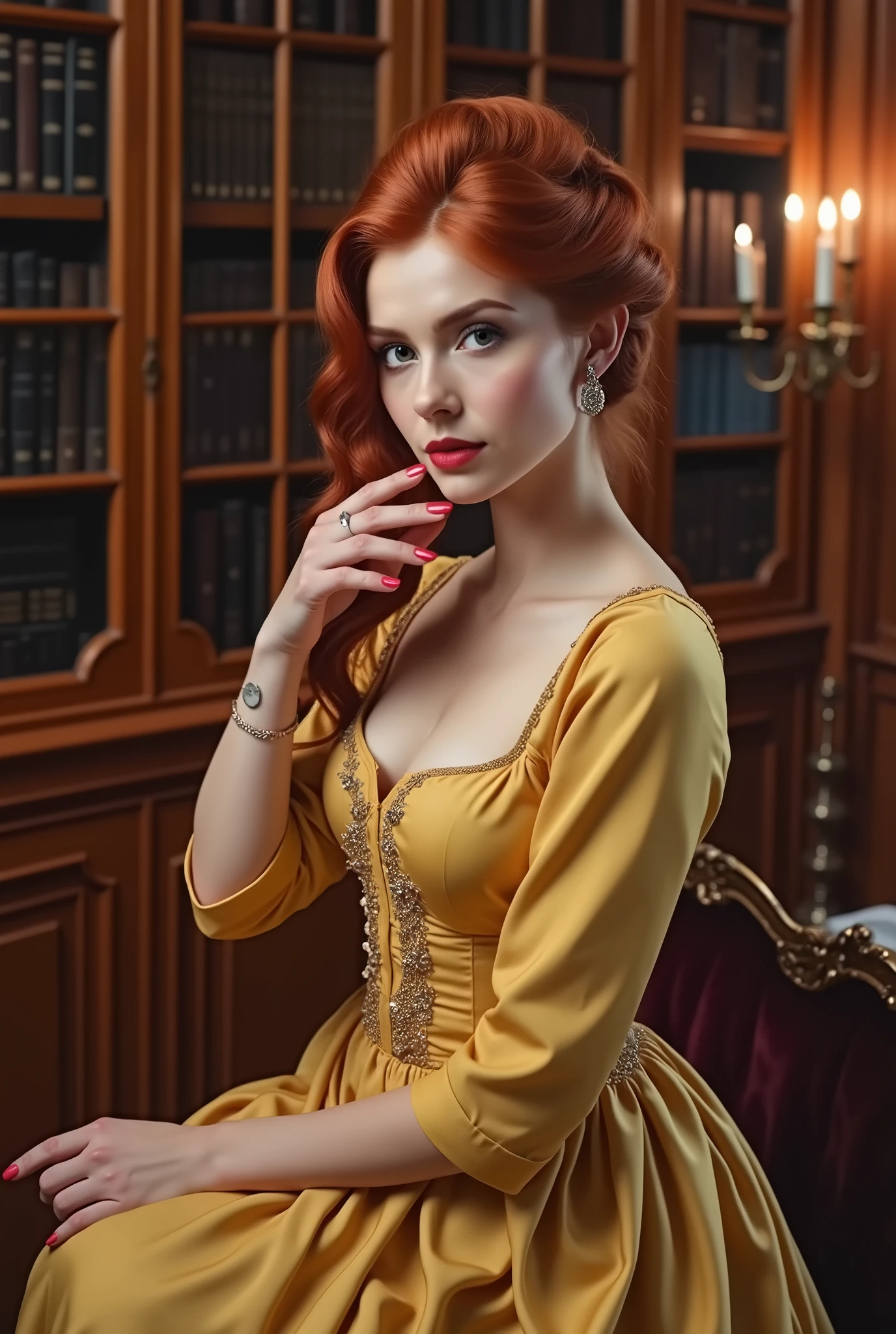 A red-haired woman in an upscale gentleman's study, elegant portrait, detailed facial features, intricate hairstyle, flowing dress, chiaroscuro lighting, baroque style, muted color palette, oil painting, cinematic composition, photorealistic, masterpiece, (best quality, 8k, highres, detailed), (realistic, photo-realistic:1.4)