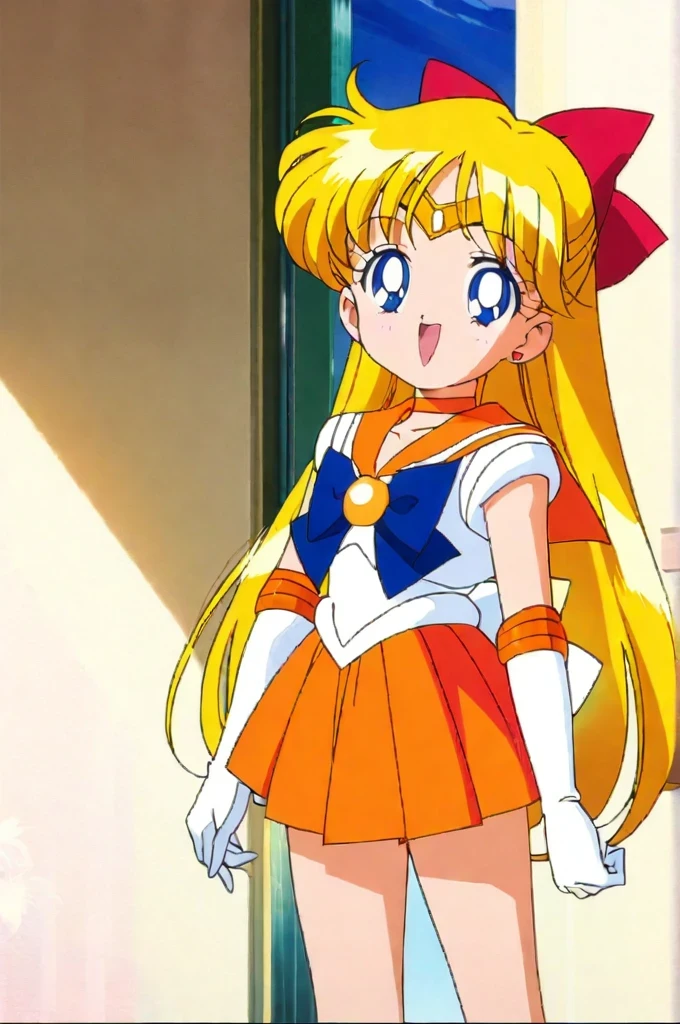 score_9, score_8_up, score_7_up, score_6_up, score_5_up, score_4_up, source_anime, (masterpiece:1.3),(highest quality:1.4),(Super detailed:1.5),8k,High resolution,an extremely delicate and beautiful,Official Art,Perfect Anatomy,(anime_screencap:1.11),(90s anime,90s anime style,Cel-shaded anime:1.47),anime coloring,(1girl:1.5), ((very young child:1.52)),((loli:1.5)),
((aavenus:1.52)), long hair, blonde hair, hair bow, tiara, earrings, blue eyes, orange choker, orange sailor collar, blue bow, white shirt, elbow gloves, white gloves, pleated skirt, orange skirt, bare legs,open-mouthed smile,