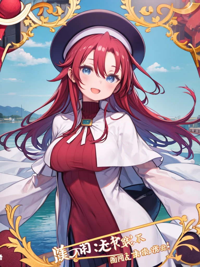 One Woman、Red Hair、long hair、Hair between the eyes、Blue Eyes、Red clothes。Big Breasts、Turtleneck sweater、Cape、White Beret、White long boots、On the Lakeの大きな蓮の葉の上に片足で乗る、smile、Open your mouth a little、Angle from above、Jump、Standing on one leg、Bend one leg、Upper Body、On the Lake、