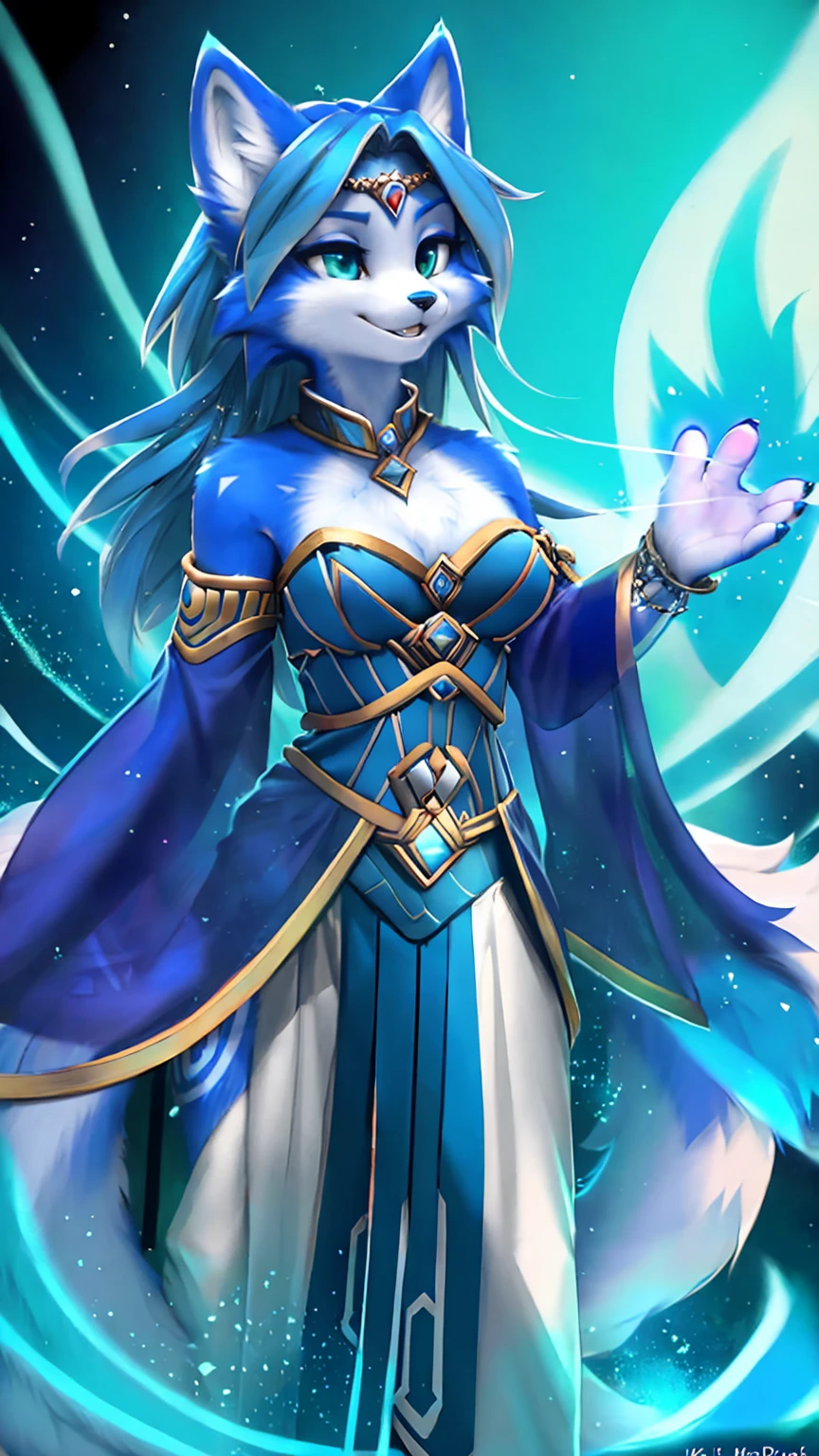 A beautiful and detailed (sweet picture) wa ((krystal)), Star Fox Krystal, sslim, lovable, green eyes, medium breasts, (((Long blue hair 1.3))), Decollete, grin, look up,, anthro, furry, Uploaded E621, detailed fluffy fur, (wa Fluff-Kevlar, Bayard Wu, personalize me, Pino Daeni), detailed face, (fluffy), 1 girl, alone, sweet girl, alone, magician clothing