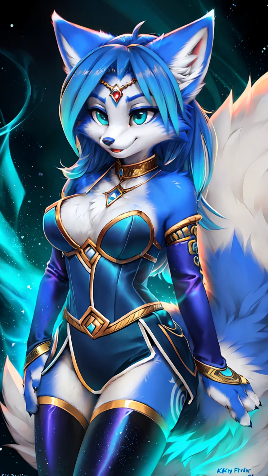 A beautiful and detailed (sweet picture) wa ((krystal)), Star Fox Krystal, sslim, lovable, green eyes, medium breasts, (((Long blue hair 1.3))), Decollete, grin, look up,, anthro, furry, Uploaded E621, detailed fluffy fur, (wa Fluff-Kevlar, Bayard Wu, personalize me, Pino Daeni), detailed face, (fluffy), 1 girl, alone, sweet girl, alone, magician clothing