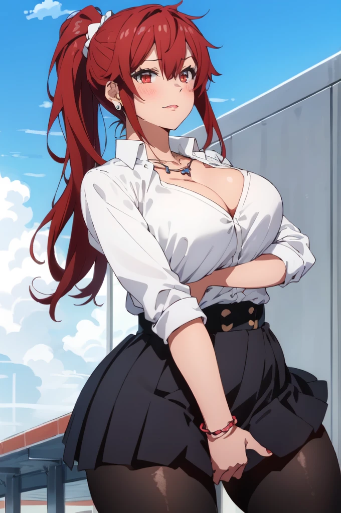 ((best quality)),((highly detailed)),masterpiece,absurdres,detailed face,beautiful face,(detailed eyes, deep eyes),1girl, Tomo, , solo, red eyes, short skirt , sky, day, cloud, pleated skirt, leopard print panty, School rooftop, looking at viewer, open clothes, standing, loose white shirt showing cleavage, Gyaru, Big breast, tanned skin, Glossy lips, a lot of earpierce, Necklace,Bracelet, Half eyes expression, Smirk, feminim,1girl,Solo,Spouty mouth,Big hair,Heart shaped emotion,Bored expression,Thick lips,colored Long nail,Stylish wavy hair,Celeb wavy hair,Tight tights,Plump,Curvy figure,thick wavy top knot ponytail,H cup,Gyaru rings,Big bouncy breast,Curvy figure,Half eyes open expression,((long sleeved red colored Sweeter v neck school uniform )),cleavage,Spouty mouth expression,1hand in hips,1hand in cheek,Solo,slut expression,Red hair,Heart shape emote