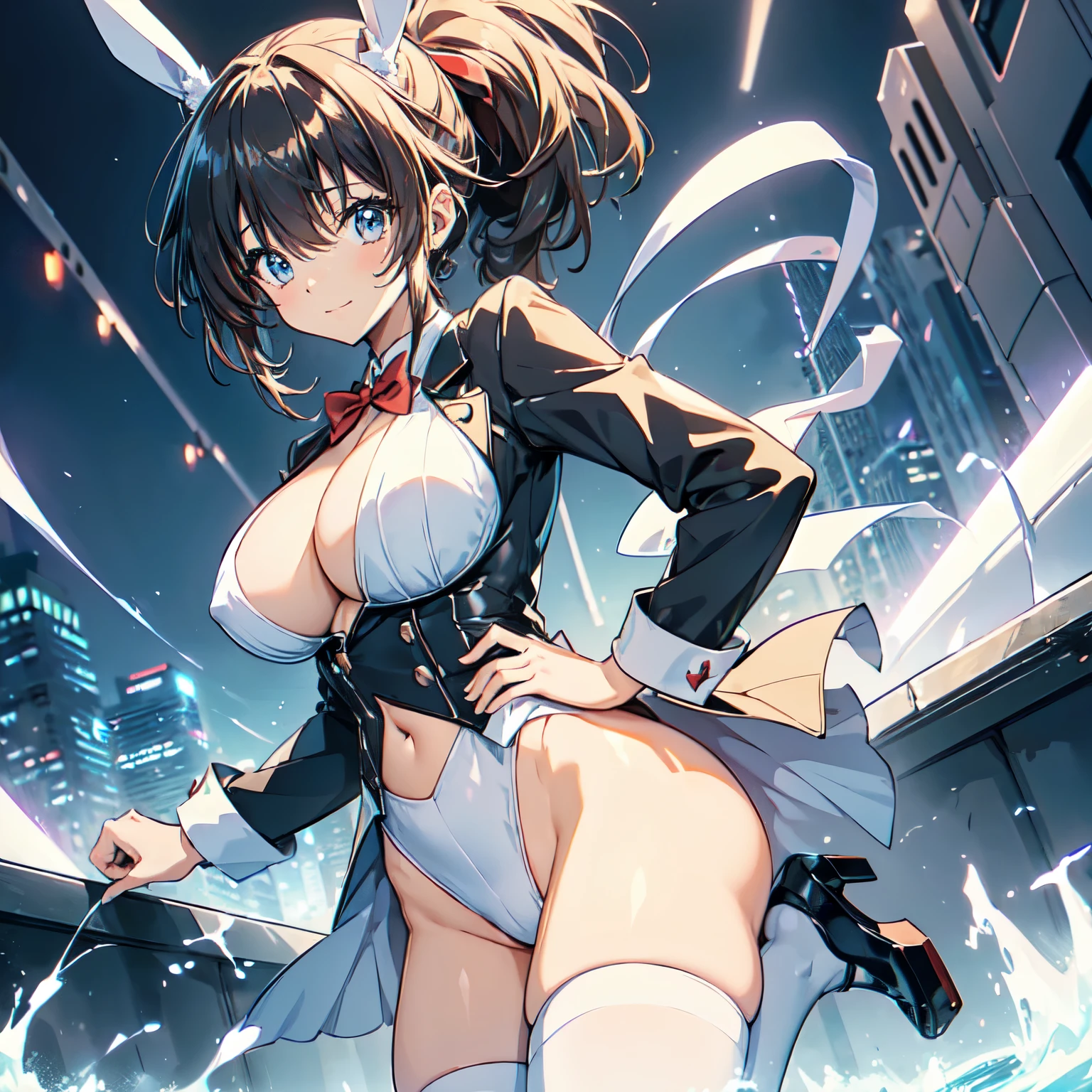 (tuxedo jacket), (light blue leotard), smiling(short height)(young girl), (black bunny ears), (huge round breasts)(big boobs), narrow waist, belly button, narrow hips, (bare hips), (thin legs)(bare legs), (narrow thighs), (white high-heel), (reddish brown ponytail)(white ribbon), nightscape, city lights, (Highly Detailed CG Unity 8K Wallpaper) (Better Quality) (Better lighting)