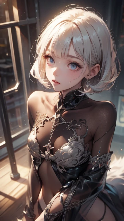 ((最high quality)), ((masterpiece)), (detailed), One person, (Large forehead:1.2) ((Toned body,Slender body,skinny:1.3)) ,extremely detailed cute anime face, (((Flat Chest))), (Flat Chest:1.1),((((A bob haircut)))),Complex eyes,beautiful detailed eyes,Symmetrical eyes,(((detailed face))),beautiful detailed lips, Dynamic pose, If you look at this, Resolute, High resolution,(最high quality),Perfect Face details, ((masterpiece:1.4, 最high quality))+, (ultra detailed)+, cute, (Flat Chest:1.1), Small breasts, Slim body, skinny, prominent clavicle, skinny arms, Flat Stomach, Pelvic bones are visible, Ribs are visible, Perfect Face, Complete limbs, (Flat Chest:1.1)，Silver Hair， Wide-angle, Bokeh,  Attention to detail, high quality, high qualityのアニメアートスタイル, masterpiece, occult,whole body, Full body, A white dress so sheer you can see the skin, String panties, cum on her，Glowing Skin(Sweat:1.3)，Riding a wooden horse,From the back，Bleeding from the stock