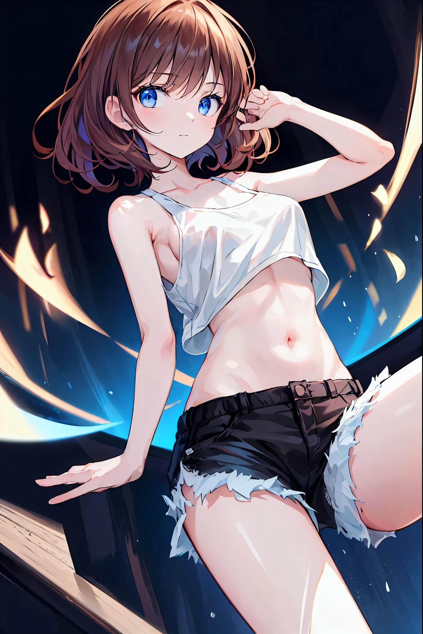 Brown hair and blue eyes,Playing electric guitar, A black tank top under a white t-shirt, tattered shorts, Baby Face, ((Highest quality, masterpiece, Ultra high definition, High resolution)), Anime, ((Ultra-detailed illustrations:1.2)), Just One, bangs, Beautiful Hair, Beautiful Eyes, Small breasts,Flat chest, Big smile, On Stage,Shortcuts,Messy Hair,Slender beauty,Beautiful feet,