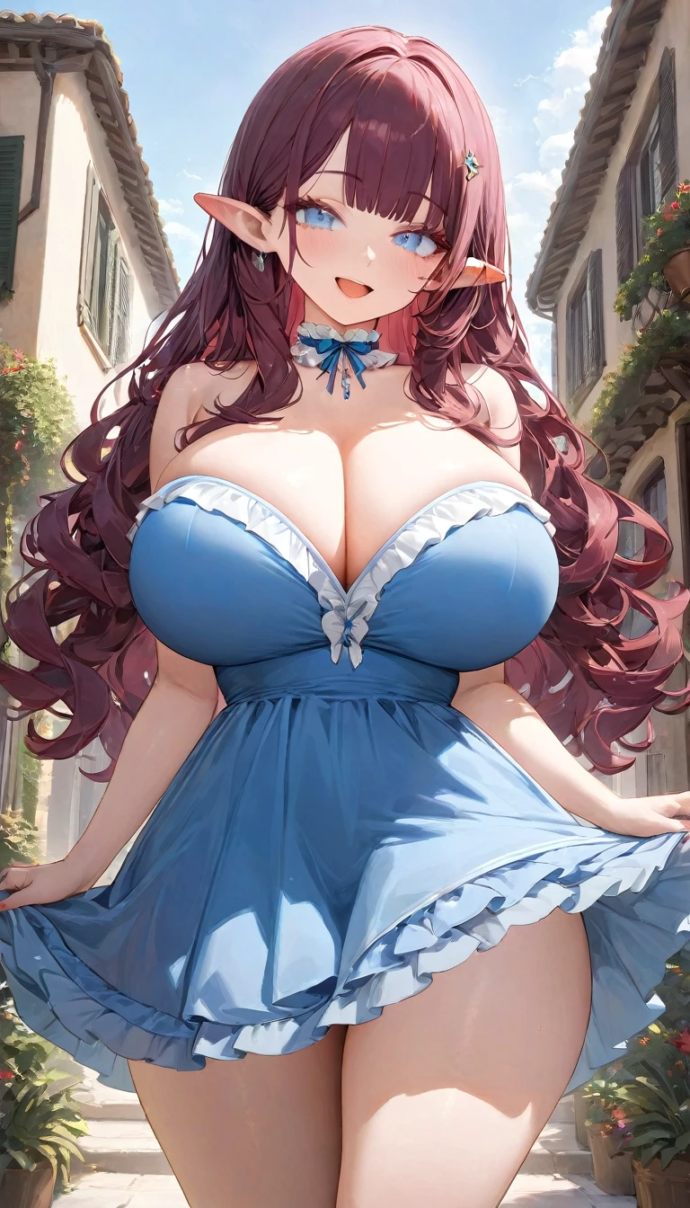 (masterpiece), best quality, highly detailed, absurdres, 1girl, huge breasts, (maroon hair:1.2), long hair, (wavy hair:1.1), light blue eyes, full bangs, (blue flared dress:1.2), short skirt, frills, frilled choket, (standing:1.1), smile, open mouth, pointy ears, (make-up, eyeshadow:1.1), outside,