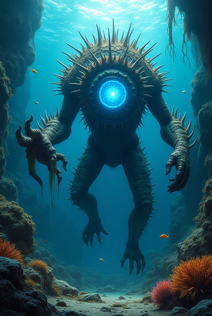 underwater spikey angler fish typed two legged kaiju with blue circle core on its chest and claw weapon on its left hand (no godzilla hint)