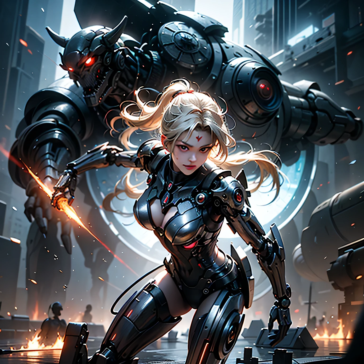 meishaonv, gun, mecha musume, magic circle, detailed cyberpunk cyborg girl,1girl,beautiful detailed eyes,beautiful detailed lips,extremely detailed face,long eyelashes,intricate machinery,chrome metal body parts,glowing neon accents,dramatic battle scene, futuristic cityscape background, hyperrealistic, cinematic composition, dramatic action pose, science fiction,award winning digital art,photorealistic,cinematic lighting,dramatic shadows,highly detailed,8k,masterpiece, Perfect Anatomy、Watching the audience、A confident smile、(A female warrior fighting against mechanical creatures:1.3)