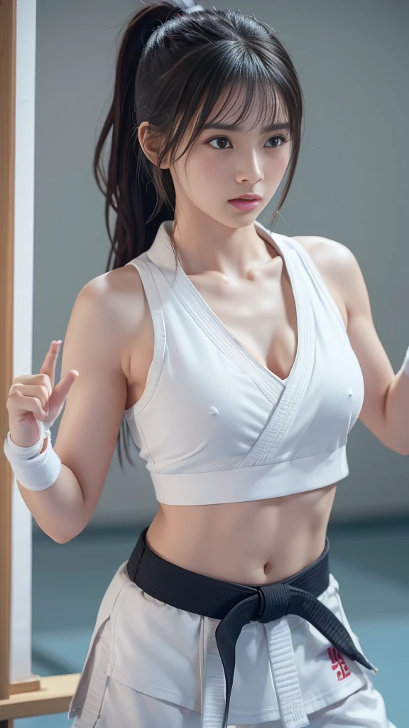 (Sporty bra visible)、(((Sexy Karate Singlet)))、Female karateka with bangs and a ponytail、The navel and under the chest are visible、Glowing Skin、((Embarrassed face))、((Turn away))、((Look to the side))、((Blushing))、(Watery eye)、cry、(((Karate Dojo)))、((Delicate painting)),(Masterpiece detailed RAW photos:1.25), (Highest quality:1.6), (Ultra-high resolution:1.5), (Realistic:1.75), 8k resolution, Canon EOS R5, 50mm, Absurd, Very detailed,Cinema Lighting、((Sporty pants are visible))、(((Take off your pants)))、