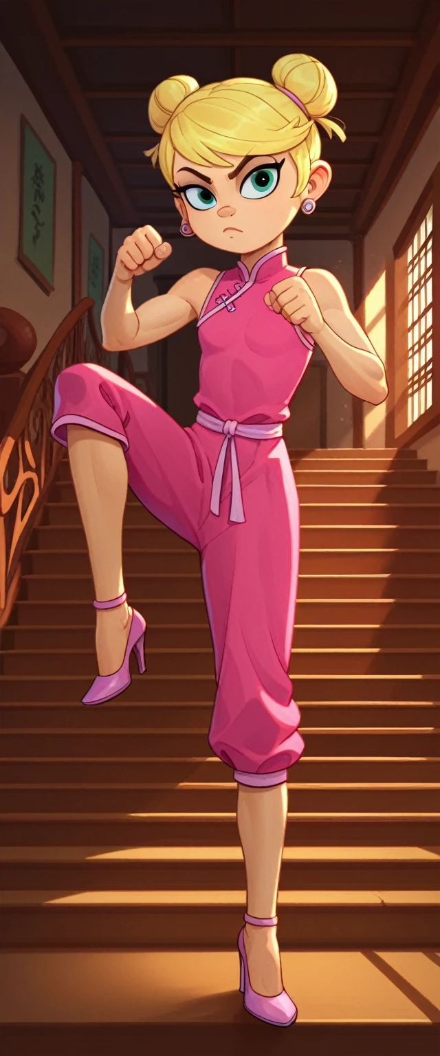 lola loud, 1girl, solo, 7 girl, flat chest, pink cheongsam,  inside of a chinese temple, looking at viewer, blonde hair, two hair buns , hands  score_9, score_8_up, score_7_up, high heels, teep fighting stance,martial arts, stairs behind her, guarding the stairs