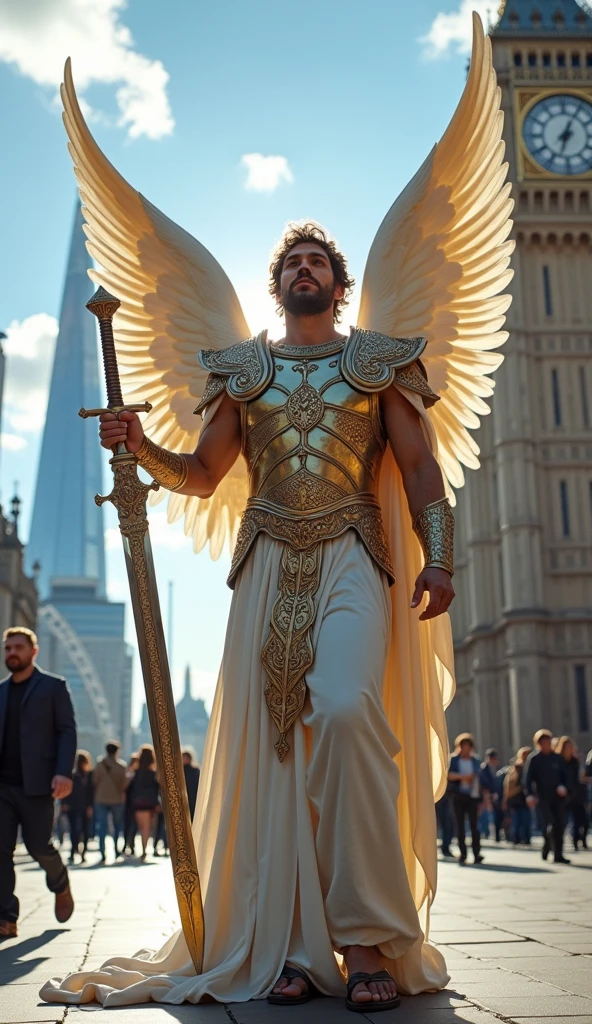 A beautiful angel standing in the streets of modern London, whole body, Wearing ancient Greek armor, Holding a sword in his hand, Daytime