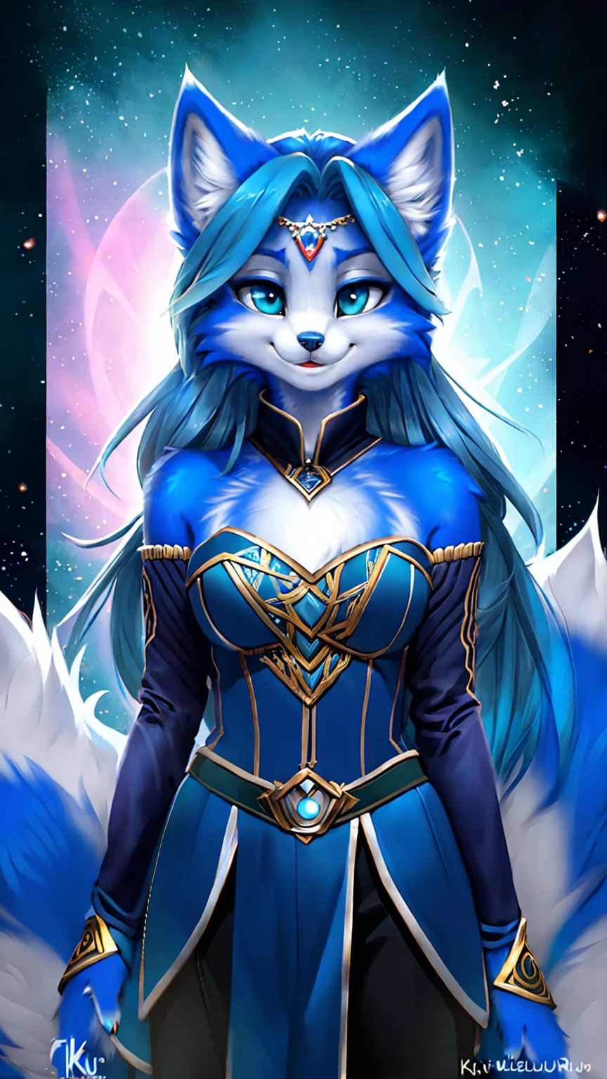 A beautiful and detailed (sweet picture) wa ((krystal)), Star Fox Krystal, sslim, lovable, green eyes, medium breasts, (((Long blue hair 1.3))), Decollete, grin, look up,, anthro, furry, Uploaded E621, detailed fluffy fur, (wa Fluff-Kevlar, Bayard Wu, personalize me, Pino Daeni), detailed face, (fluffy), 1 girl, alone, sweet girl, alone, is located at Hogwarts School of Witchcraft and Wizardry, magician clothing