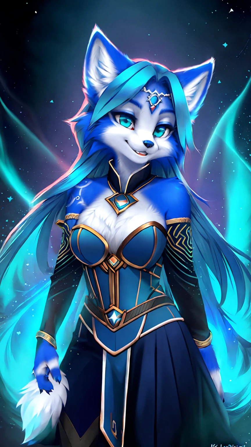 A beautiful and detailed (sweet picture) wa ((krystal)), Star Fox Krystal, sslim, lovable, green eyes, medium breasts, (((Long blue hair 1.3))), Decollete, grin, look up,, anthro, furry, Uploaded E621, detailed fluffy fur, (wa Fluff-Kevlar, Bayard Wu, personalize me, Pino Daeni), detailed face, (fluffy), 1 girl, alone, sweet girl, alone, is located at Hogwarts School of Witchcraft and Wizardry, magician clothing