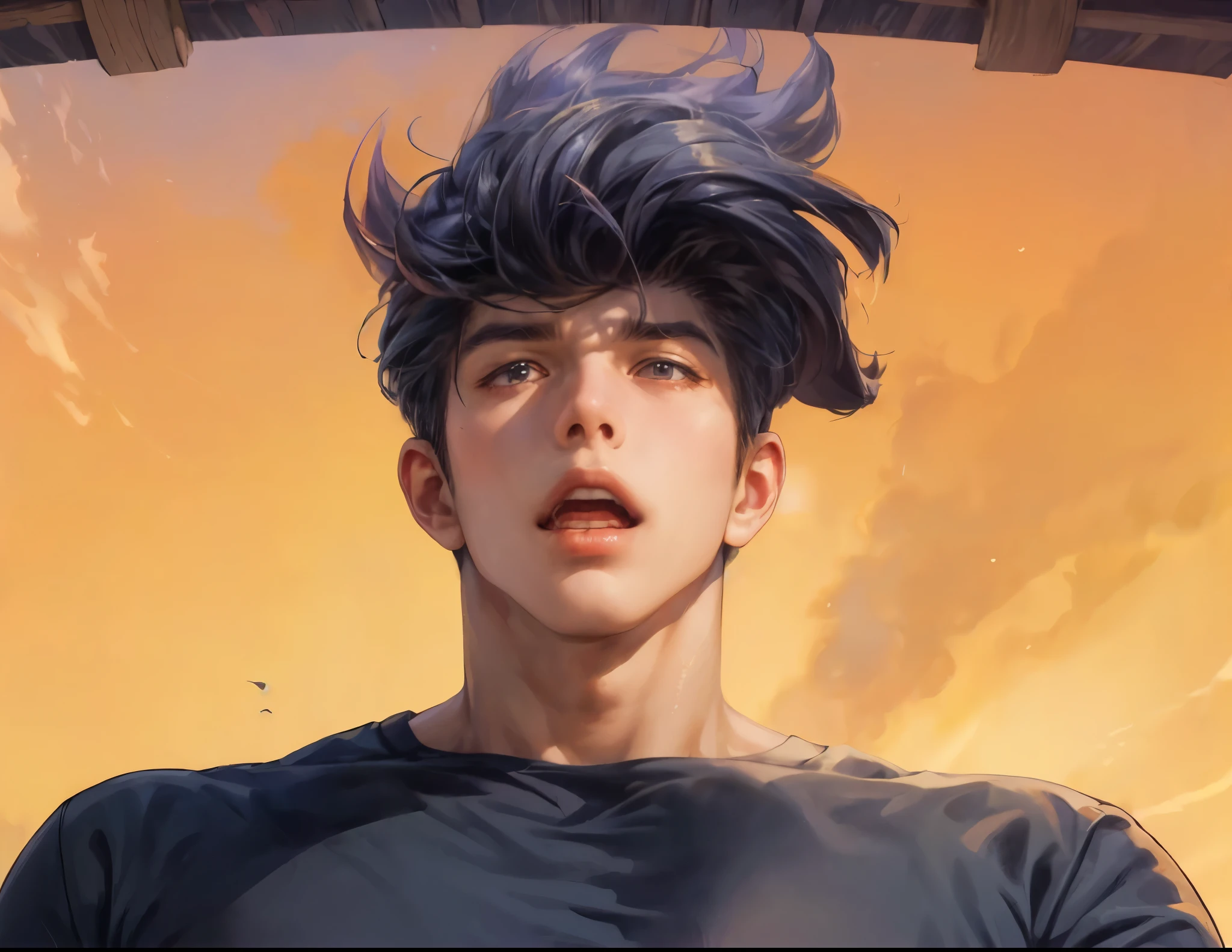 ((Best quality)), ((masterpiece)), (detailed), ((perfect face)), ((halfbody)) handsome face, male, teen boy, perfect proportions , and his lover, long hair, male version , detailed workshop background, detailedscenery background
