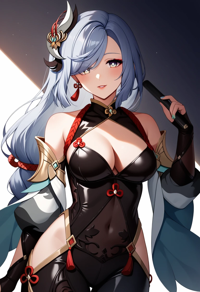 ((masterpiece)),((Highest quality)),Perfect lighting,alone,One Woman,Mature Woman, Cowboy Shot, shenhe_\(genshin_impact\), shenhe_\(frostflower_dew\)_\(genshin_impact\), 巨大なchest, とても大きなchest, chestを隠す, Line in the groin, Bodysuits_((Rubber-like gloss)), chest_curtain,Removable sleeves, Exposing shoulders, 