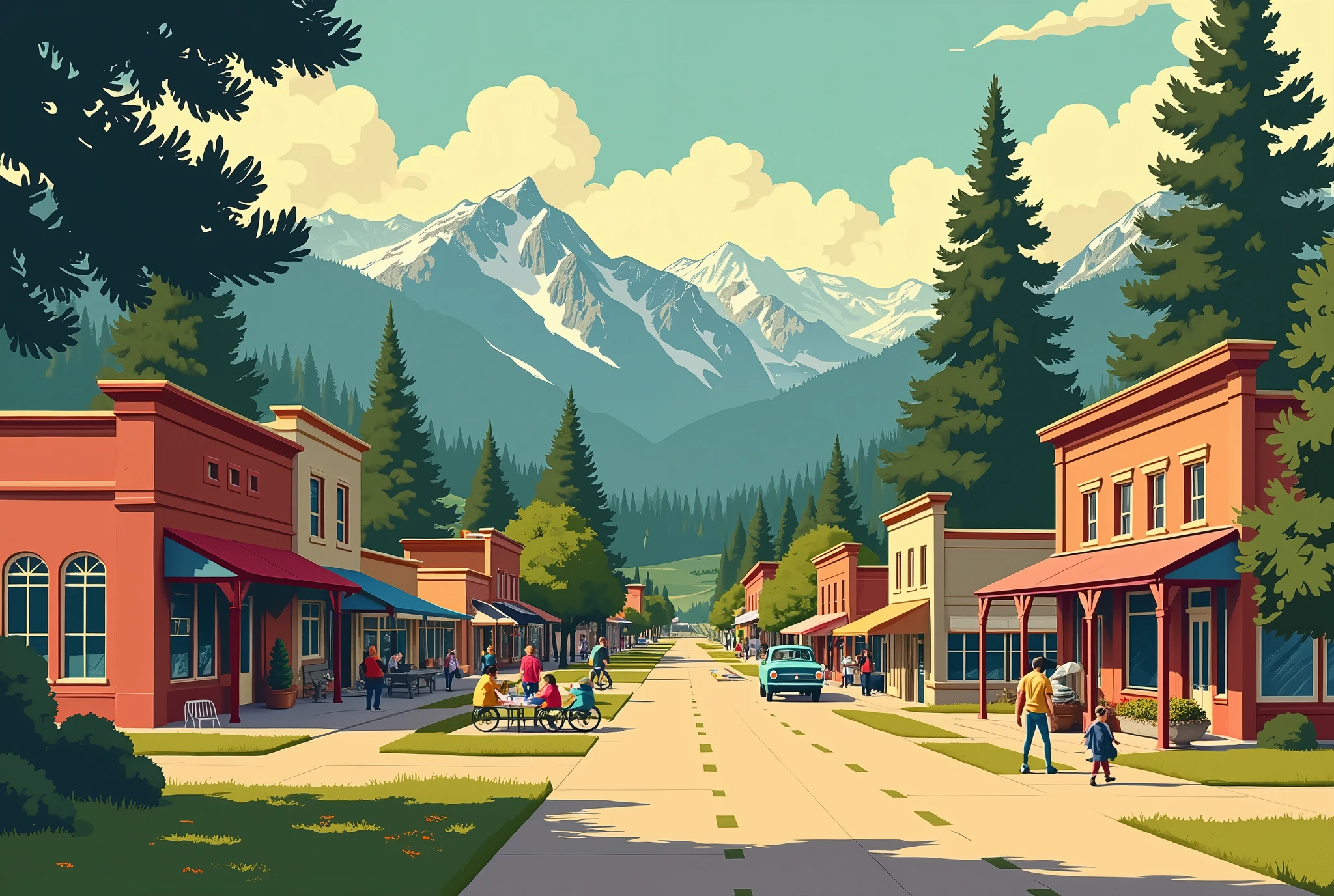 Create a retro-style travel poster. The poster should feature a scenic landscape with Ponderosa pine trees, a small-town main street with historic buildings, and a backdrop of mountains. Include people enjoying outdoor activities like hiking or picnicking. The overall color palette should include warm, inviting tones with a vintage feel. Camera and Settings: Use a Canon EOS 5D Mark IV with a 24-70mm f/2.8 lens. Settings: ISO 100, aperture f/8, and shutter speed 1/125s to capture a sharp, vibrant image with a wide depth of field. The poster should have a slight grain effect to enhance the retro aesthetic.