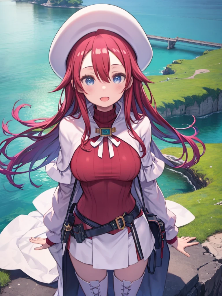 One Girl、Red Hair、long hair、Hair between the eyes、Blue Eyes、Red clothes。Big Breasts、Turtleneck sweater、Cape、White Beret、White long boots、On the Lakeの大きな蓮の葉の上に片足で乗る、smile、Open your mouth a little、Angle from above、Jump、Standing on one leg、Bend one leg、Upper Body、On the Lake、