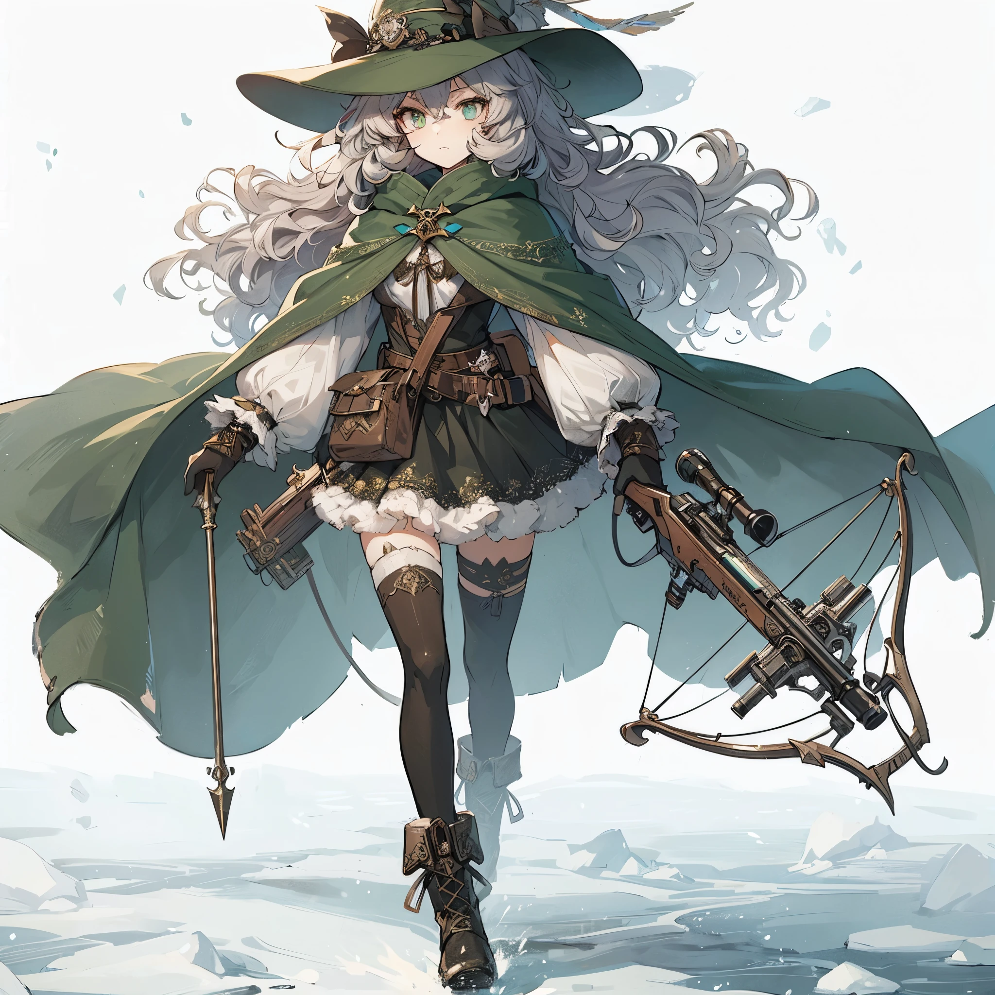(Masterpiece, Top Quality), (Fine Hair), Ultra-Detailed, Anime Style, Solo, Full Length, ultra-massive. muscular, she is a fantasy adventurer-style aristocratic daughter, ash gray curly hair, green eyes, and a dark green wide-brimmed hat. wear a wandered cape. with a mechanized small crossbow in both hands, a rapier at her waist, and thigh-length boots, her standing in cold wasteland! White background, standing full length,
