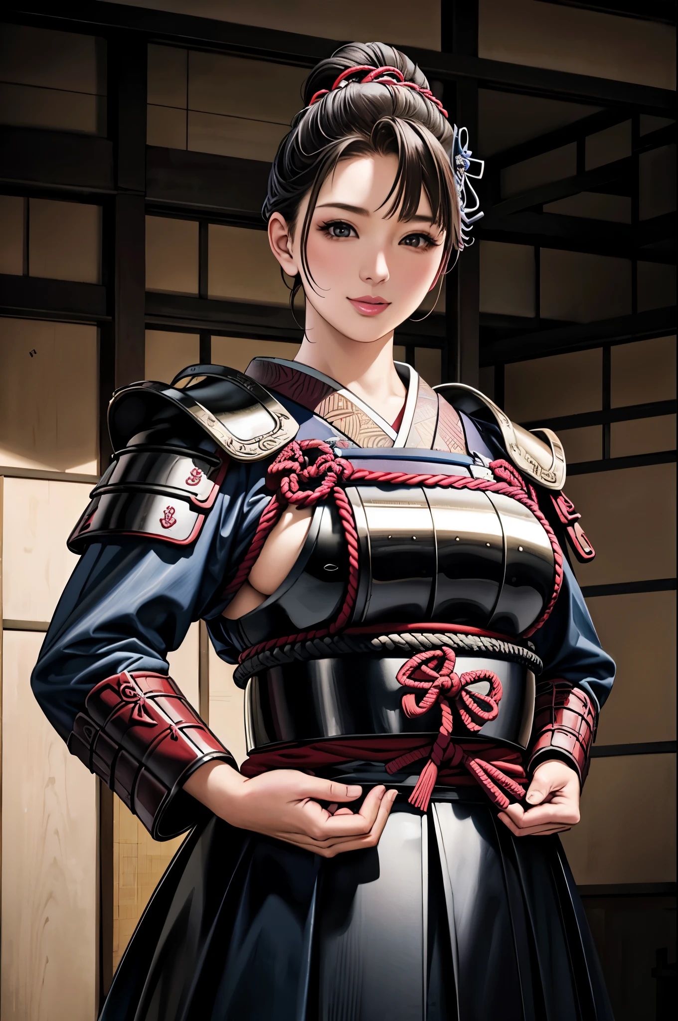 (Browsing Caution), (RAW Photos), (Realistic), (Photorealistic), Ultra-high resolution, masterpiece, Highest quality, Portraiture, facial Portraiture, Perfect lighting, Detailed lighting, Dramatic Shadows, Ray Tracing, Pure Eros Face_v1, Urzan-6500-v1.1, (1 beautiful Japanese woman), ((gentle smile)), ((upper body:1.2)), ((random standing pose)), looking at viewer, ((wearing a samurai armor)), ((in old Japanese castle)),
