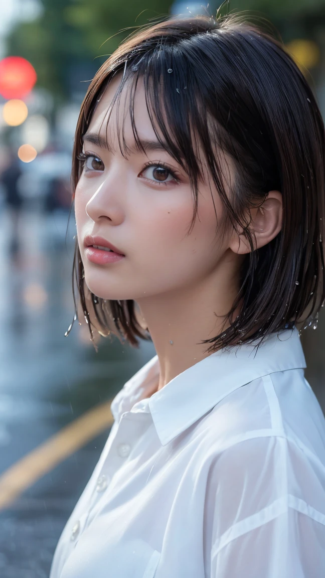 ((Highest quality, 8k, masterpiece: 1.3)), sharp: 1.2, Perfect Body Beauty: 1.4, Slim Abs: 1.2, ((Layered Hairstyles,: 1.2)), (Wet White Button Long Shirt: 1.1), (rain, street: 1.2), Wet: 1.5, Highly detailed face and skin texture, Detailed eyes, double eyelid, Profile looking at the camera