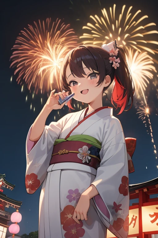 (Japan 8-year-old girl)，cute loincloth，Japanese Summer Festivals，Cute kimono，I saw the world，Fisheye Lens，Urine stains，，(Side Pony,Colorful Hair)，Fireworks display，Fireworks，