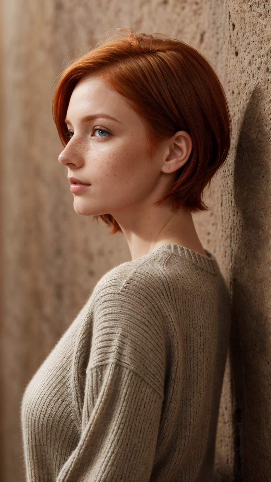 A woman in profile with short hair ((natural redhead)) she is looking forward in profile wearing a gray knitted sweater ((brown wall in the background)) top lighting makes her hair shine, blue eyes, shaved hair on the side, freckles on her face, fair skin, natural beauty.