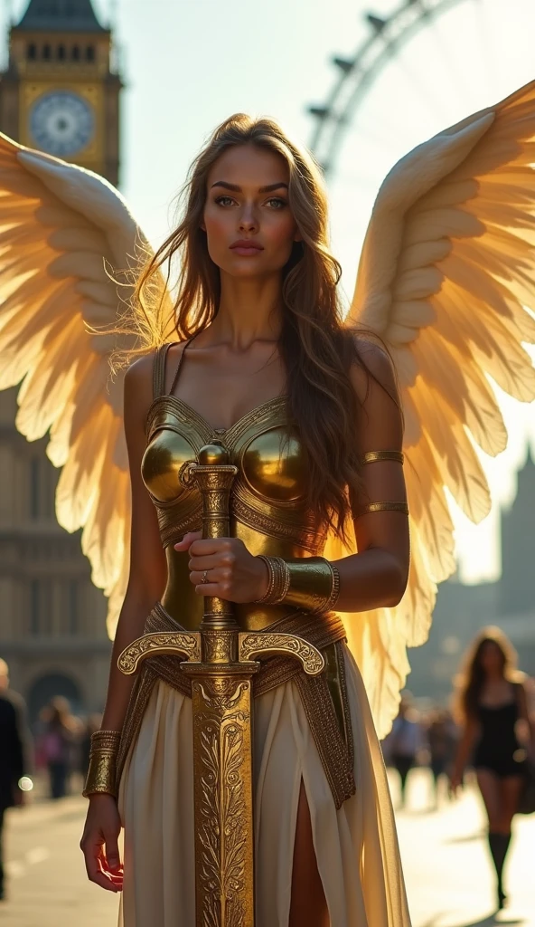 Beautiful female angel standing in modern London, whole body, Dressed in golden ancient Greek armor, Holding a sword in his hand, Daytime