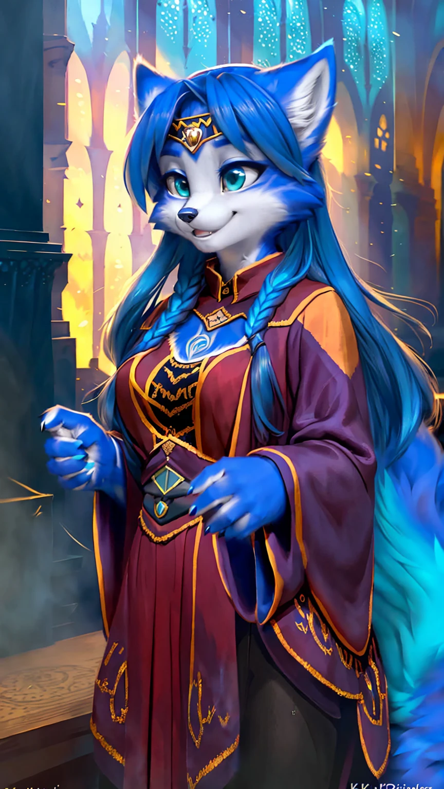 A beautiful and detailed (sweet picture) wa ((krystal)), Star Fox Krystal, sslim, lovable, green eyes, medium breasts, (((Long blue hair 1.3))), Decollete, grin, look up,, anthro, furry, Uploaded E621, detailed fluffy fur, (wa Fluff-Kevlar, Bayard Wu, personalize me, Pino Daeni), detailed face, (fluffy), 1 girl, alone, sweet girl, alone, ((((is located in Hogwarts)))), magician clothing