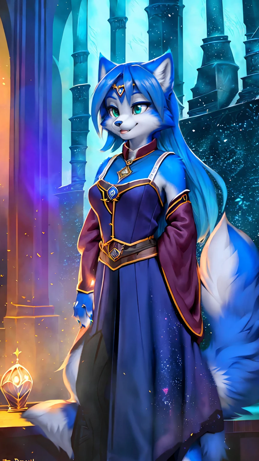 A beautiful and detailed (sweet picture) wa ((krystal)), Star Fox Krystal, sslim, lovable, green eyes, medium breasts, (((Long blue hair 1.3))), Decollete, grin, look up,, anthro, furry, Uploaded E621, detailed fluffy fur, (wa Fluff-Kevlar, Bayard Wu, personalize me, Pino Daeni), detailed face, (fluffy), 1 girl, alone, sweet girl, alone, ((((is located in Hogwarts)))), magician clothing