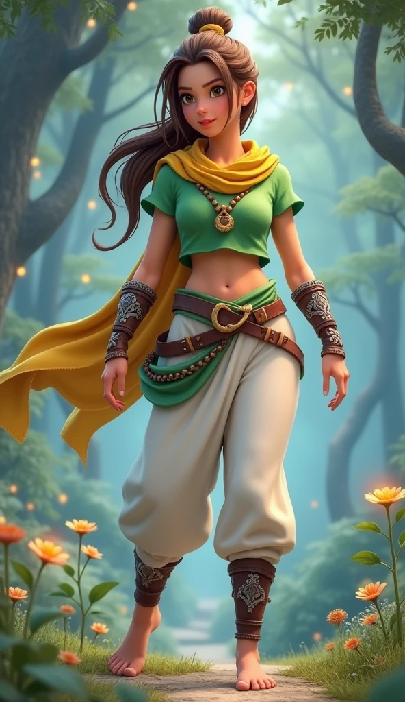 Create a 3D character model of a young woman with a fantasy adventure theme. She has a medium build and a confident stance. She wears a green short-sleeve top with a yellow scarf around her neck, brown leather bracers with intricate silver designs, and loose-fitting, white harem-style pants. Her hair is brown, styled in a high ponytail, and another version is seen with a single braid. She is barefoot, and her outfit includes a brown belt . The character is shown in a full-body turnaround with front, side, and back views."