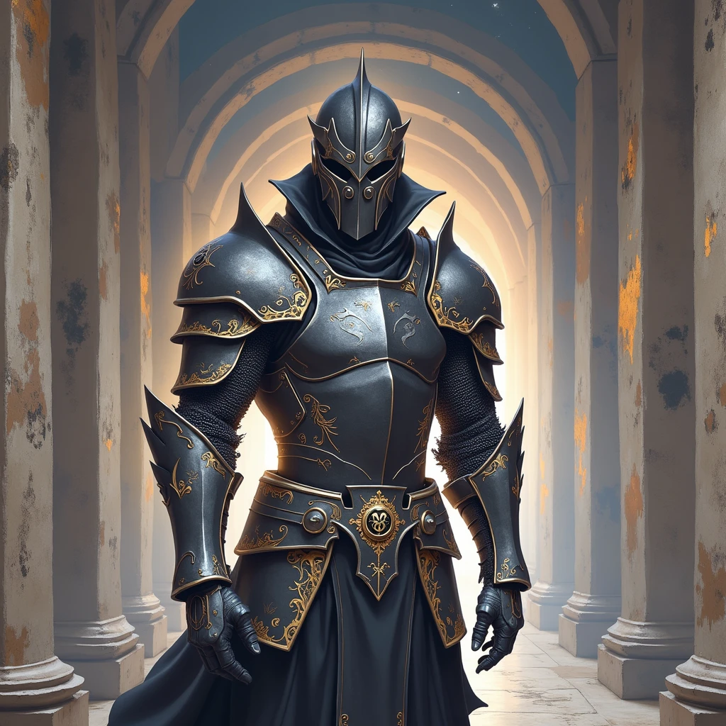 With jet-black armor and a steel facemask like King Baldwin's、Close-up portrait of a cruel Berserker Dark Knight。Epic dark fantasy atmosphere、Elden Ring Khosrow Armor Reference