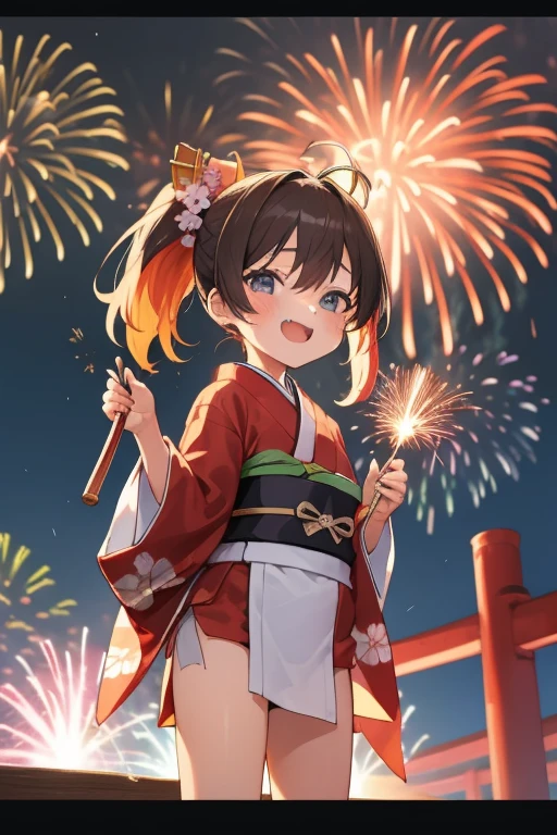 (Japan 8-year-old girl)，cute loincloth，Japanese Summer Festivals，Cute kimono，I saw the world，Fisheye Lens，Urine stains，，(Side Pony,Colorful Hair)，Fireworks display，Fireworks，