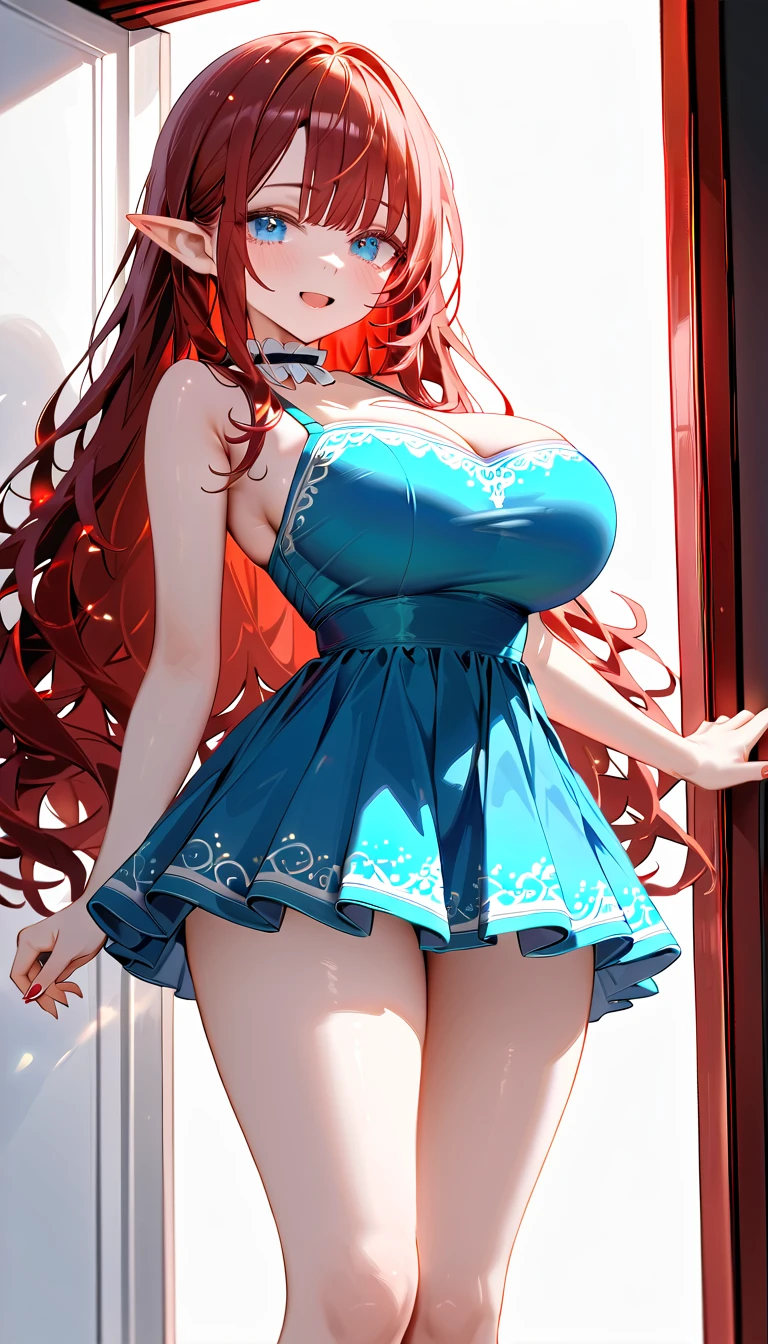 (masterpiece), best quality, highly detailed, absurdres, 1girl, huge breasts, (maroon hair:1.2), long hair, (wavy hair:1.1), light blue eyes, full bangs, (blue flared dress:1.2), short skirt, frills, frilled choker, (standing:1.1), smile, open mouth, pointy ears, (make-up, eyeshadow:1.1), outside, detail1eye,