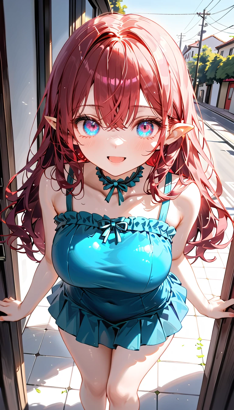 (masterpiece), best quality, highly detailed, absurdres, 1girl, huge breasts, (maroon hair:1.2), long hair, (wavy hair:1.1), light blue eyes, full bangs, (blue flared dress:1.2), short skirt, frills, frilled choker, (standing:1.1), smile, open mouth, pointy ears, (make-up, eyeshadow:1.1), outside, detail1eye,