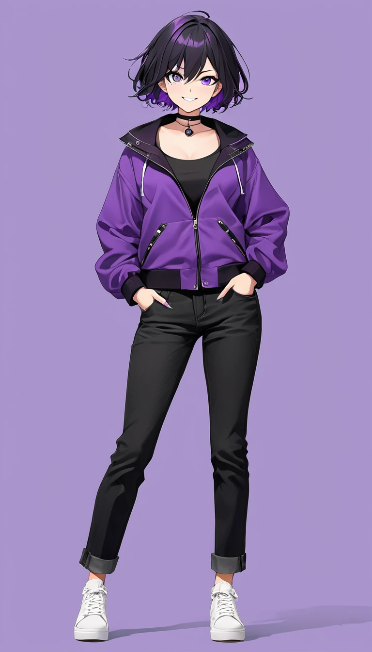 High-resolution anime digital art, Masterpiece, full body, tomboy, mature, sexy, smart, short hair color pitch black, real detail eyes pupil purple, long purple plain jacket, black chokers, black jeans pants, Happy face, Standing dynamic pose.