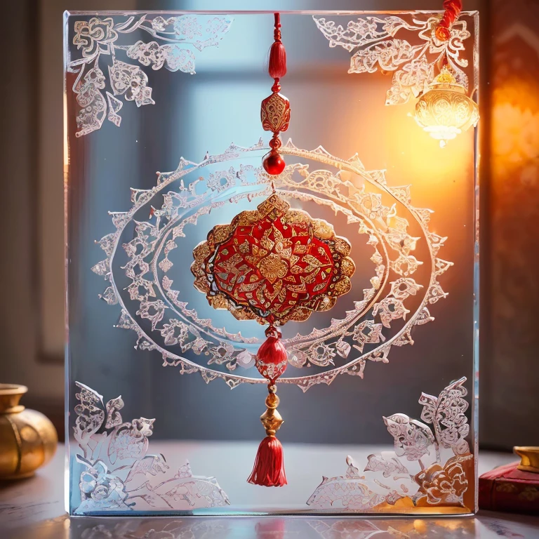 there is a decorative decoration on a glass block with a red tassel, hindu ornaments, intricate ornament halo, close up shot of an amulet, ornate decoration, beautiful ornated details, paint-on-glass painting, intricate ornament, decoration around the room, intricate details and ornaments, mandala ornament, ornate designs on desk, detailed carved ornaments, very ornamented