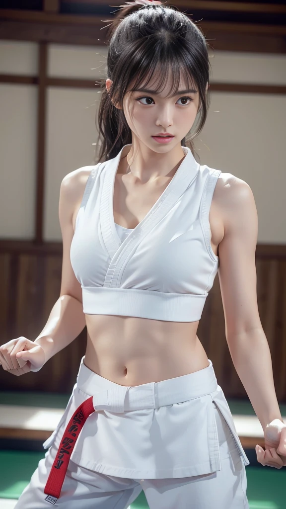 (Sporty bra visible)、(((Sexy Karate Singlet)))、Female karateka with bangs and a ponytail、The navel and under the chest are visible、Glowing Skin、((Embarrassed face))、((Turn away))、((Look to the side))、((Blushing))、(Watery eye)、cry、(((Karate Dojo)))、((Delicate painting))，(Masterpiece detailed RAW photos:1.25), (Highest quality:1.6), (Ultra-high resolution:1.5), (Realistic:1.75), 8k resolution, Canon EOS R5, 50mm, Absurd, Very detailed,Cinema Lighting、((Sporty pants are visible))、(((Take off your pants)))、