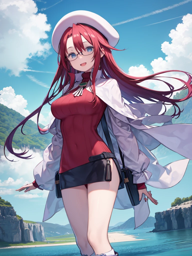 One Girl、Red Hair、long hair、Hair between the eyes、Blue Eyes、Red clothes。Big Breasts、Turtleneck sweater、Cape、Glasses、White Beret、White long boots、On the Lakeの大きな蓮の葉の上に片足で乗る、smile、Open your mouth a little、Angle from below、Jump、Standing on one leg、Bend one leg、Upper Body、On the Lake、blue sky、