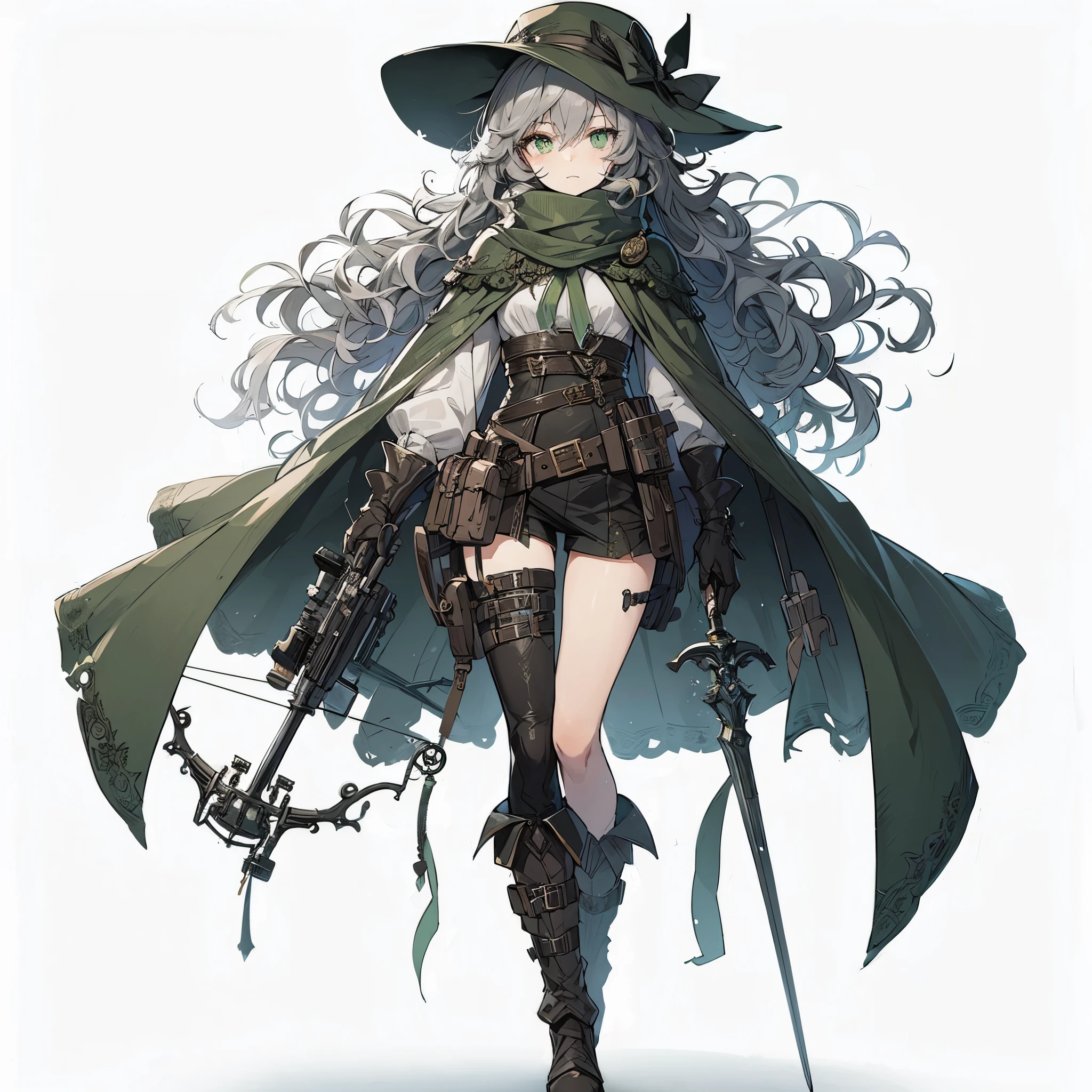 (Masterpiece, Top Quality), (Fine Hair), Ultra-Detailed, Anime Style, Solo, Full Length, ultra-massive. muscular, she is a fantasy adventurer-style aristocratic daughter, ash gray curly hair, green eyes, and a dark green wide-brimmed hat. wear a wandered cape. with a mechanized small crossbow in both hands, a rapier at her waist, and thigh-length boots, her standing in cold wasteland! White background, standing full length,