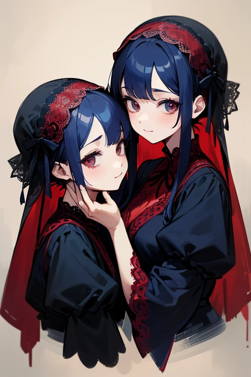 Red and navy lace dress、cute、Villainess、head band、wonderful、Sisters、2 people、2 peopleとも黒髪、