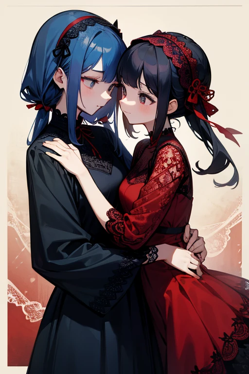 Red and navy lace dress、cute、Villainess、head band、wonderful、Sisters、2 people、2 peopleとも黒髪、