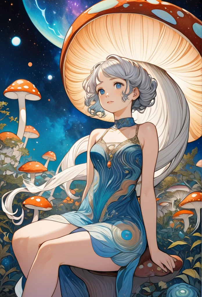 beautiful, elegant, graceful, award-winning art, 1girl, (style of Yuko Shimizu:1.4), (abstract art:1.2), style of rebecca guay, white hair, blue eyes, cosmic dress, cosmic beauty, in space, nebula, visually stunning, gorgeous, art nouveau, 60s anime style, psychedelic, centerfold pose, 18 year old girl, revealing white lingerie, sitting on a giant mushroom, purple and blue color palette, lush, foliage, ornate, dreamy, trippy, art nouveau, realistic depiction