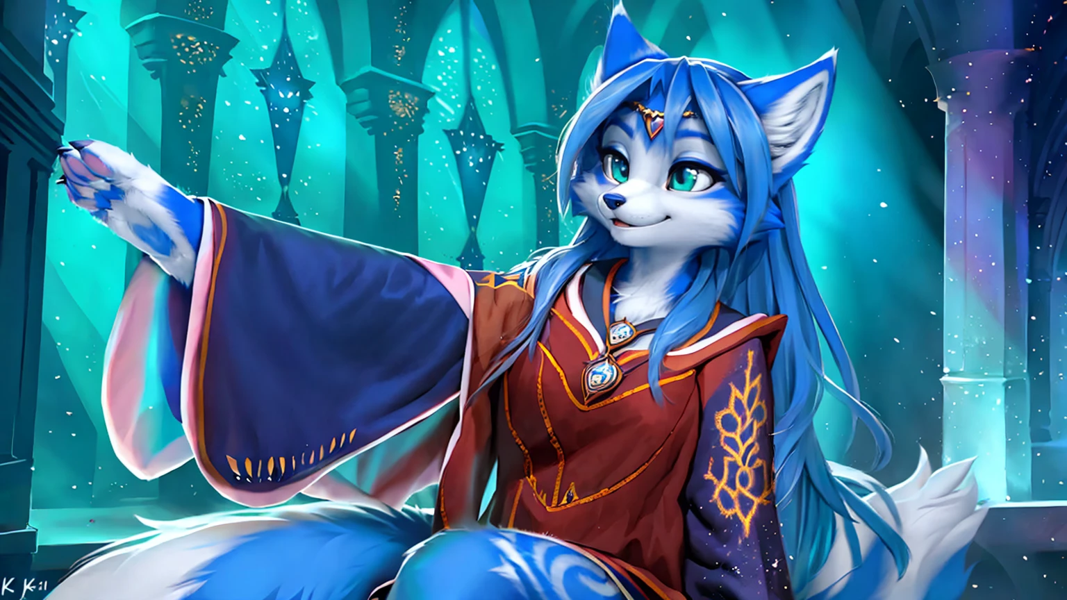 A beautiful and detailed (sweet picture) wa ((krystal)), Star Fox Krystal, sslim, lovable, green eyes, medium breasts, (((Long blue hair 1.3))), Decollete, grin, look up,, anthro, furry, Uploaded E621, detailed fluffy fur, (wa Fluff-Kevlar, Bayard Wu, personalize me, Pino Daeni), detailed face, (fluffy), 1 girl, alone, sweet girl, alone, ((((is located in Hogwarts)))), magician clothing