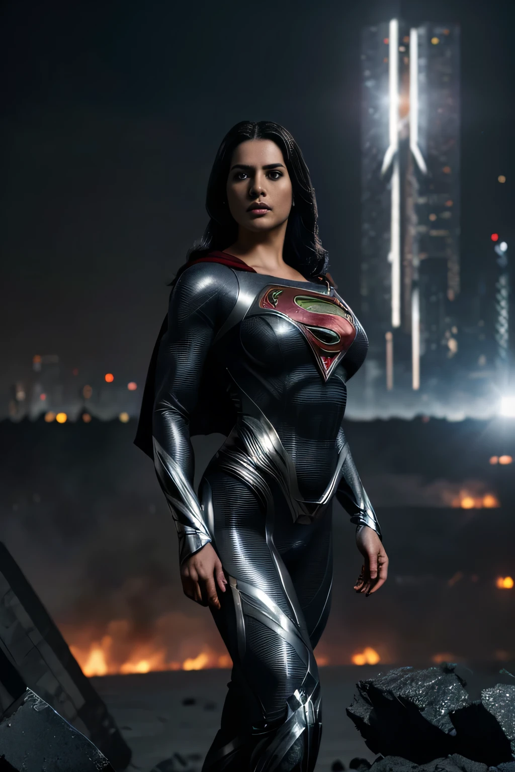action shots of  M1lly4c0k2222 ((wearing a sexier revealing black and silver version of the evil superman suit man of steel)), large breasts, toned body, (explosions in the background a city in ruins), Style-BladeRunner2049-8v Intricate, High Detail, Sharp focus, dramatic, ((photorealistic))