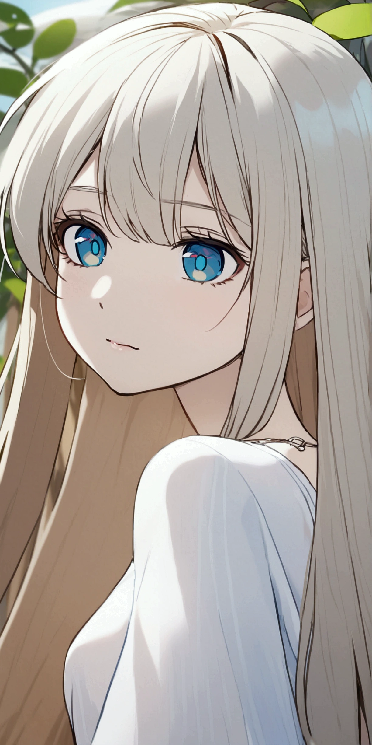 A little naked girl stands in the park.