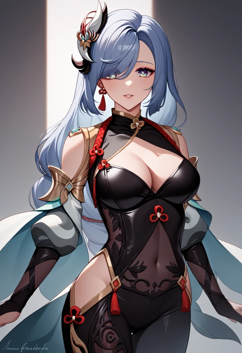 ((masterpiece)),((Highest quality)),Perfect lighting,alone,One Woman,Mature Woman, Cowboy Shot, shenhe_\(genshin_impact\), shenhe_\(frostflower_dew\)_\(genshin_impact\), 巨大なchest, とても大きなchest, ((chestを隠す)), Line in the groin, Bodysuits_((Rubber-like gloss)), ((chest_curtain)),Removable sleeves, Exposing shoulders, 